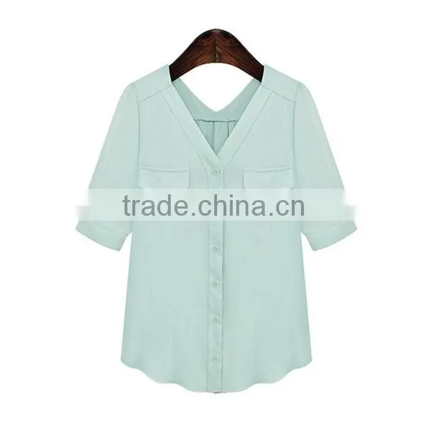 New design 2 colors choice V neck short sleeve Plus size women chiffon fabric shirt