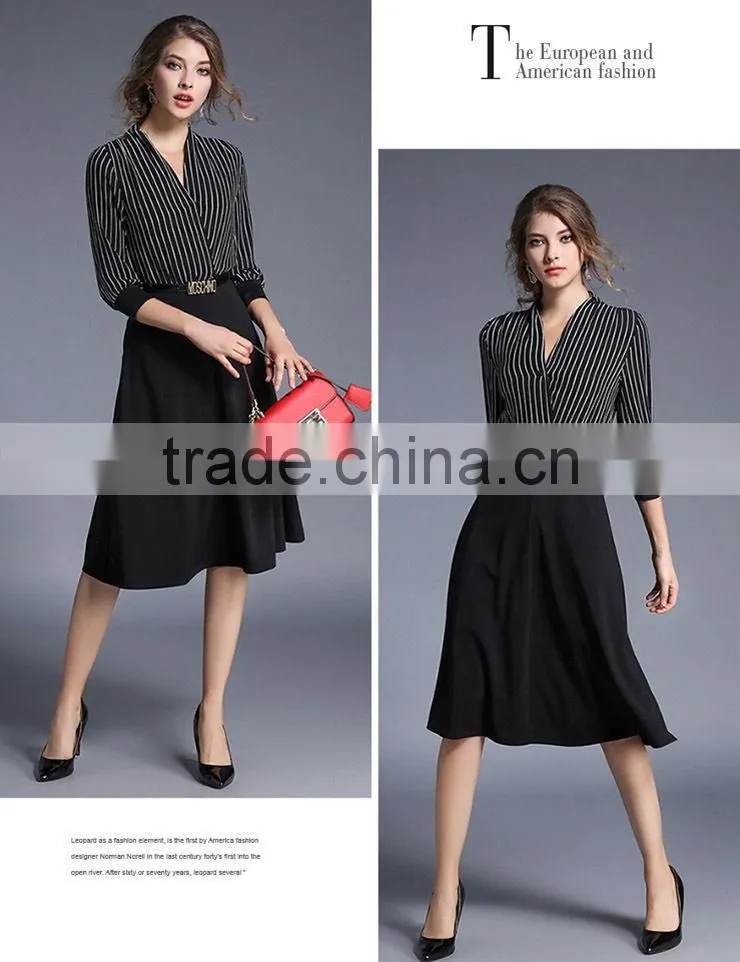 Fashion Women V Neck Vertical Stripes Office Dress Korean OL Belted Midi Dress
