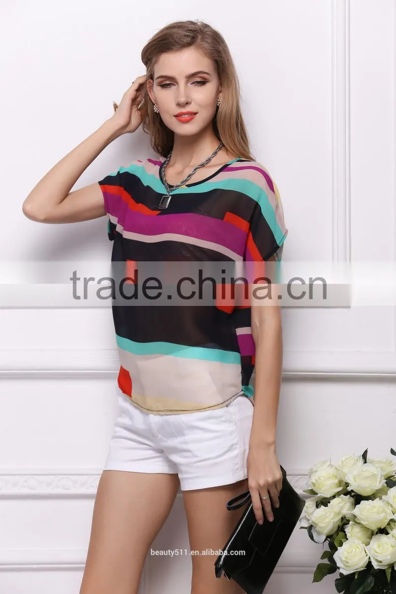 Chromatic stripe batwing coat rainbow T-shirt Irregular rainbow striped chiffon SD93