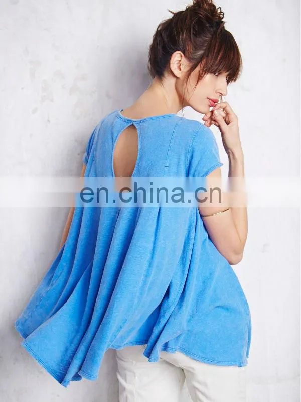 Short sleeve cotton jersey plain color ladie back cutout tops,high quality babydoll shirt