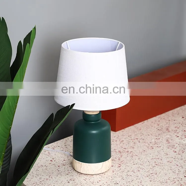 New arrival living room desk light dark green indoor ceramic lamp with linen lampshade