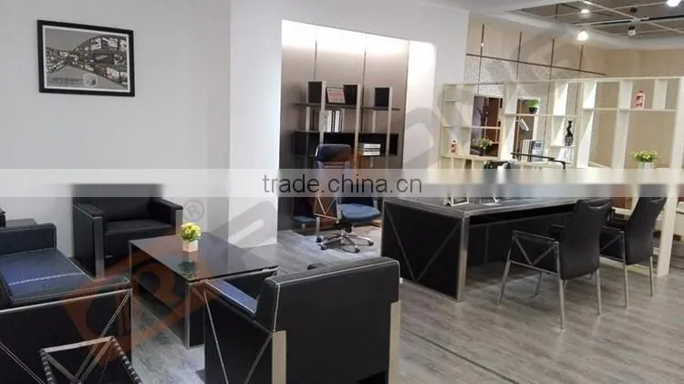 Modern large glass top black leather facing manager executive office desk