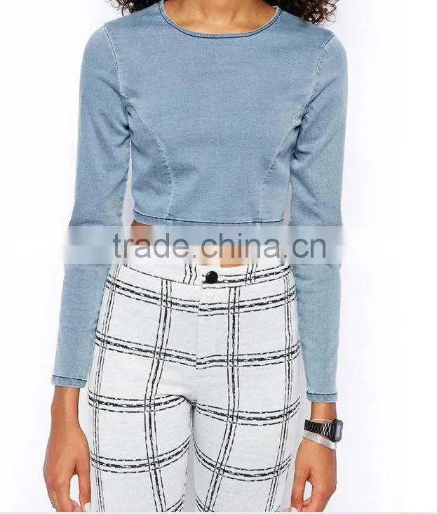 2014 European New arrivals sexy denim tops fashion style short tops with long sleeves