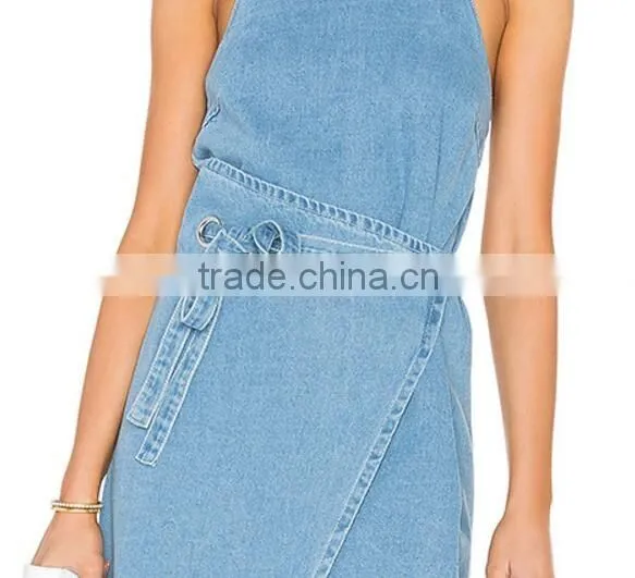 New Design Light Bule Denim Fabric Strap Women Dresses