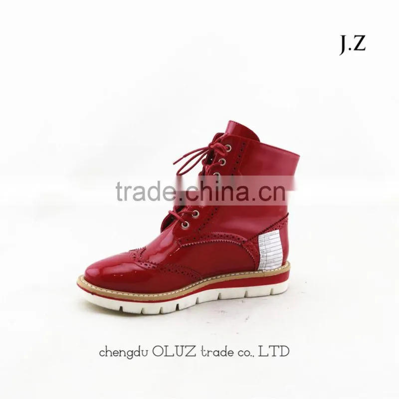 LQEB11 red PU comfortable flat casual military fuzzy ladies lace up shoes boots rubber outsole
