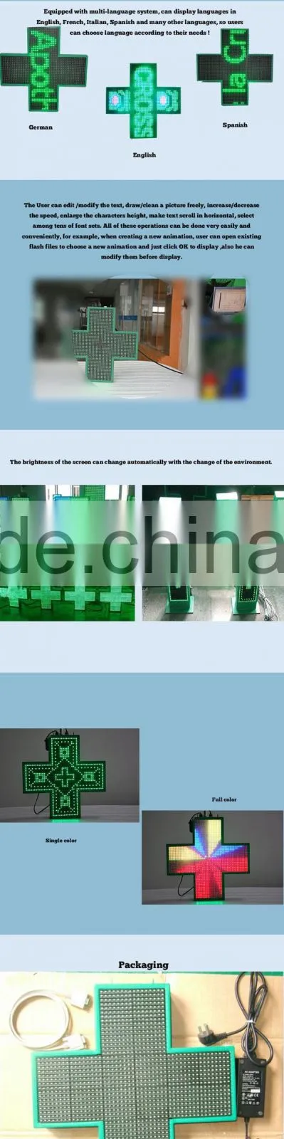 LED cross pharmacy sign 80*80cm pure green