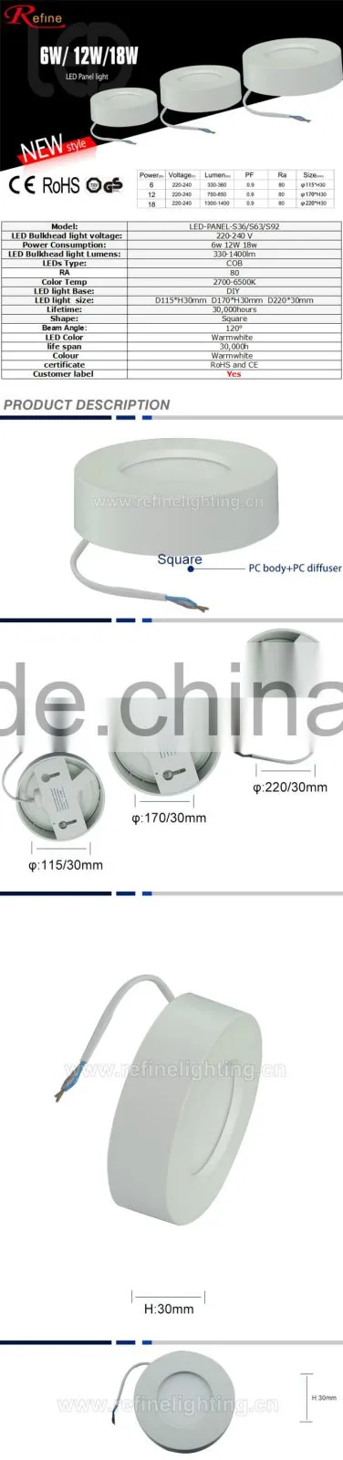 6watt 12Watt 18watt round led panel light surface mounted led lights