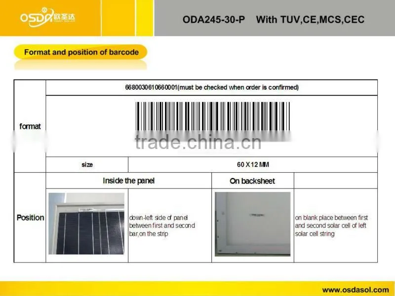 TUV MCS CEC certificated polycrystalline 245W solar panel