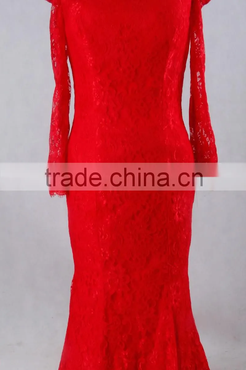 J--0095 red big ass picture of evening dress sexy french lace long sleeve off shulder mermaild wedding dress