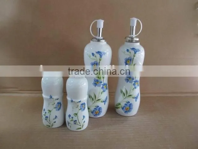 Ceramic grey green oil olive vinegar bottle salt pepper set