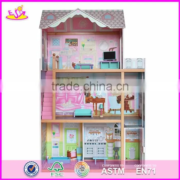 2017 Best design luxurious three floors wooden kids modern dollhouse with furniture W06A247