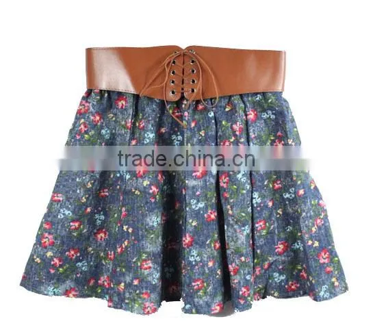 2016 Latest Design Floral Print Leather Waist Beautiful Girls In Short Skirts