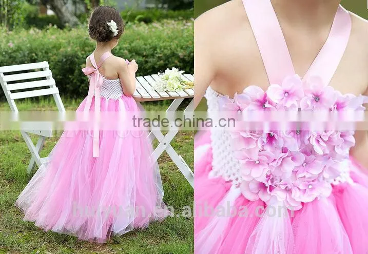 pink chiffon beautiful flower strap kids bridal dresses