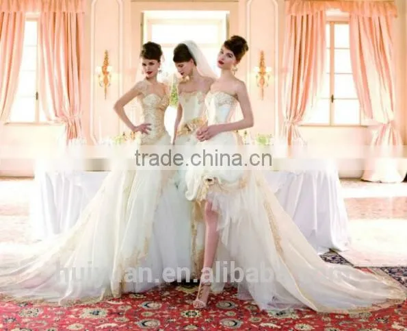 white champagne lace strapless ball gown cathedral/ royal train wedding dresses