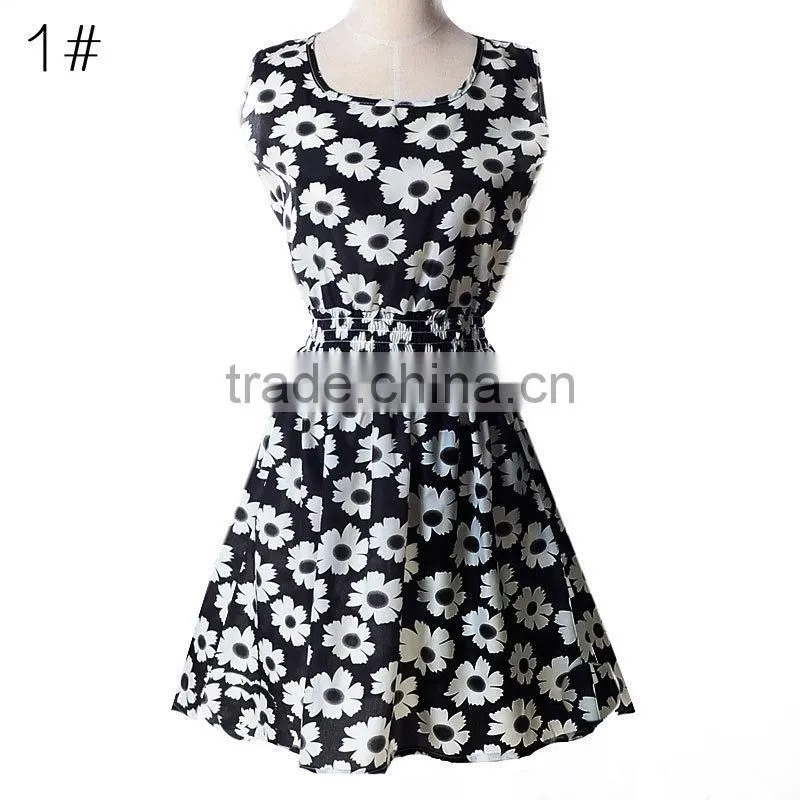 2015 spring summer new Korean style Women clothing casual Bohemian floral leopard sleeveless vest printed beach chiffon dress