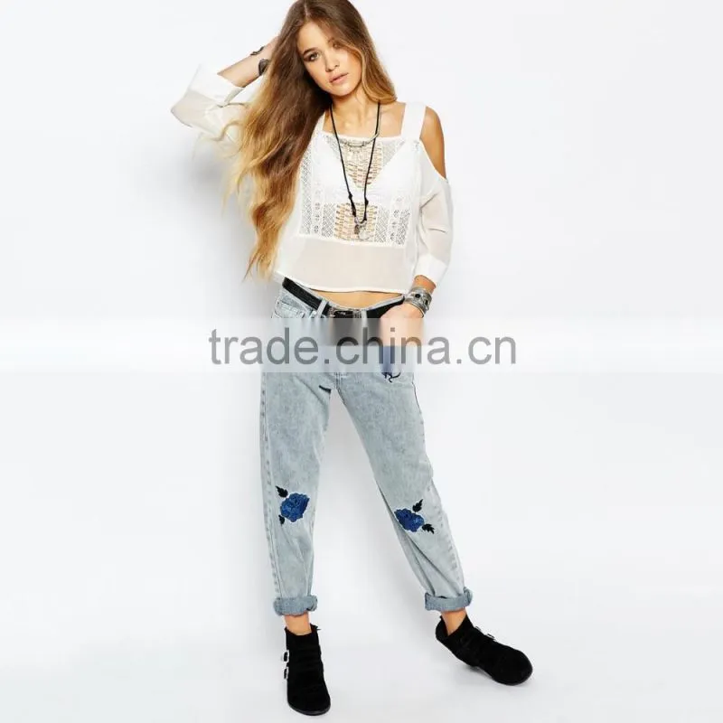 front girls embroidery flowers ladies fancy jeans loose style