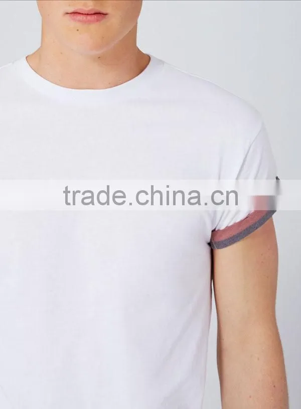 Custom promotional round neck plain white men rolled sleeve t shirts