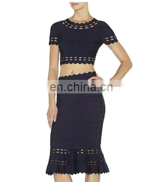 2017 latest bandage tops scalloped cut out midi two piece bandage dress navy