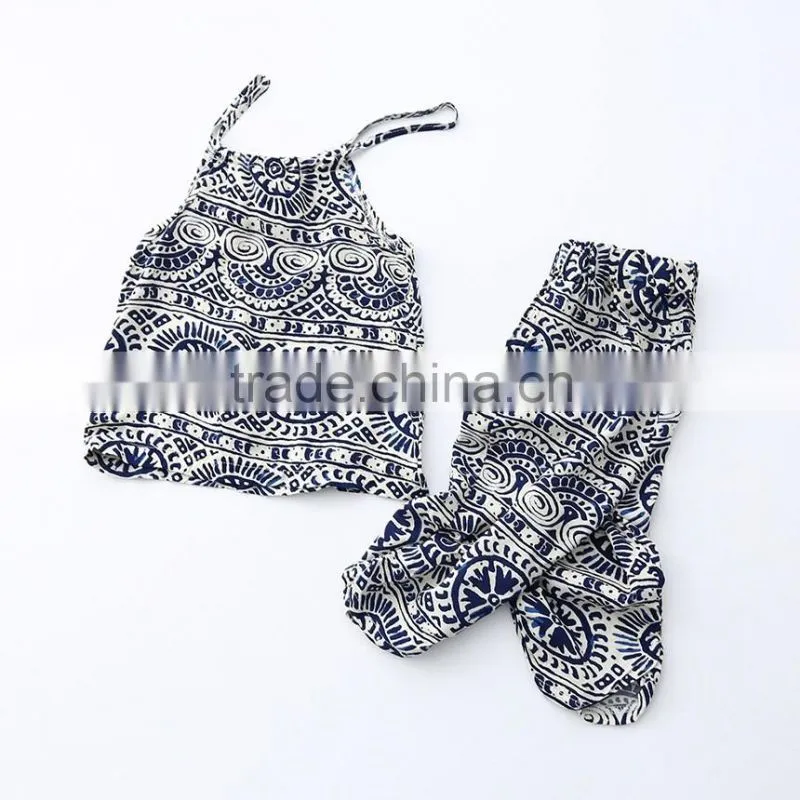 Summer Children Girl Clothes Set China Blue And White Strapless 2pcs Clothing Sets