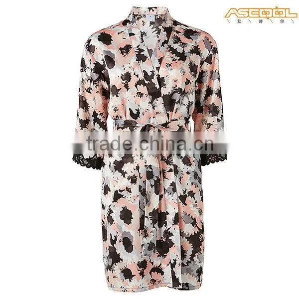 Long Satin Dressing Gown - Peach/Black