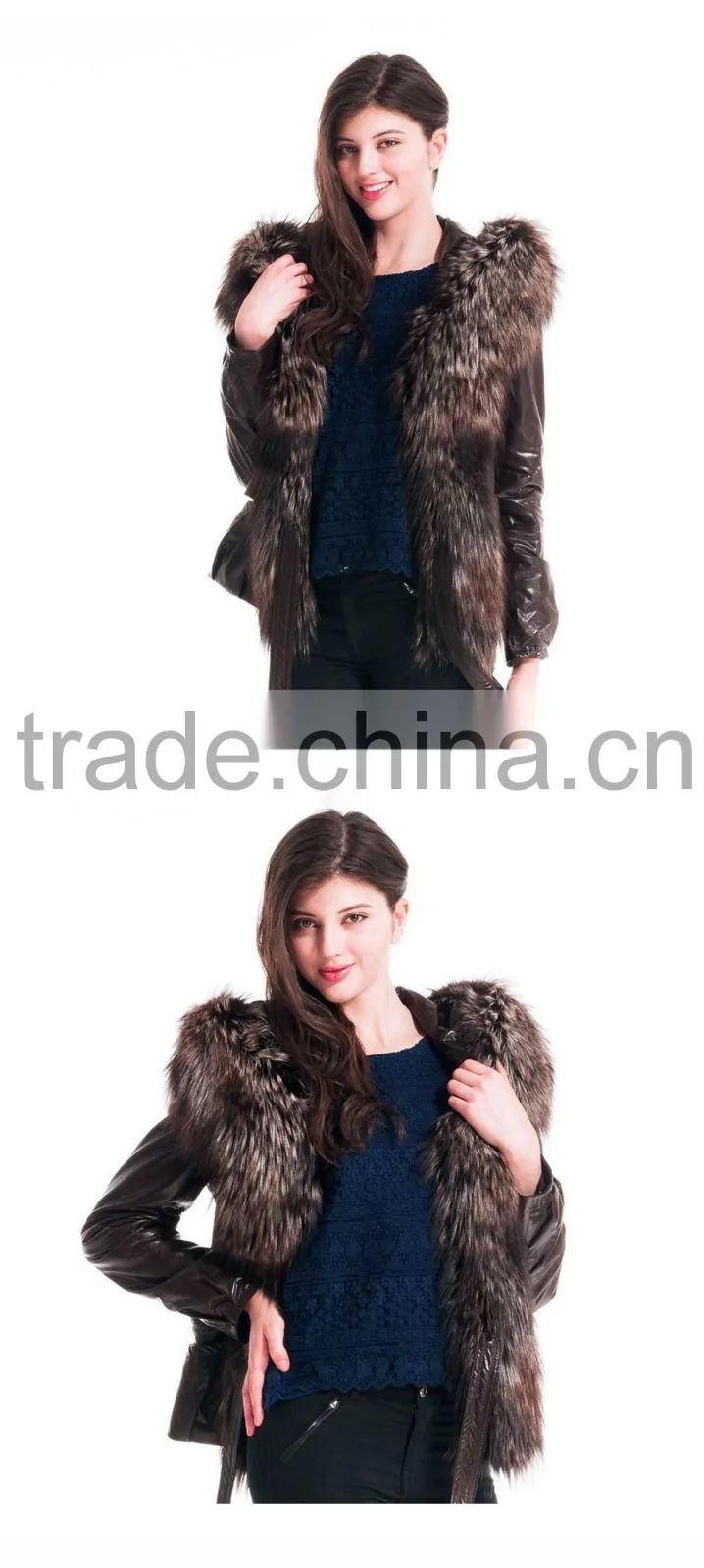 2015 New Style Winter Women Short Leather Coat With Belt Silver Fox Hat Overcoat