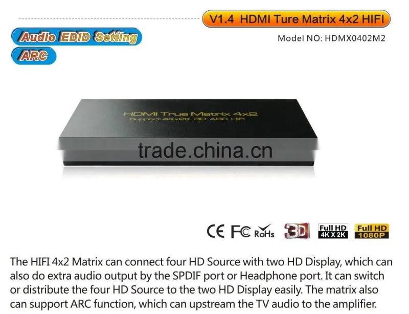 4kx2k&full 3D &ARC supported HDMI Matrix 4x2 with Audio Extractor
