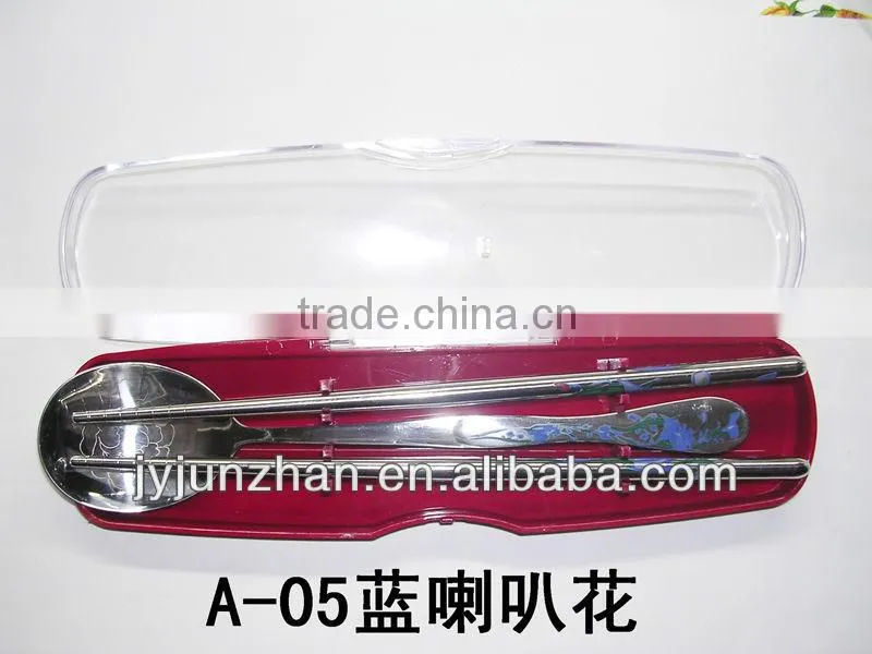 Cheap stainless steel spoon and chopstick cutlery with plastic box packing
