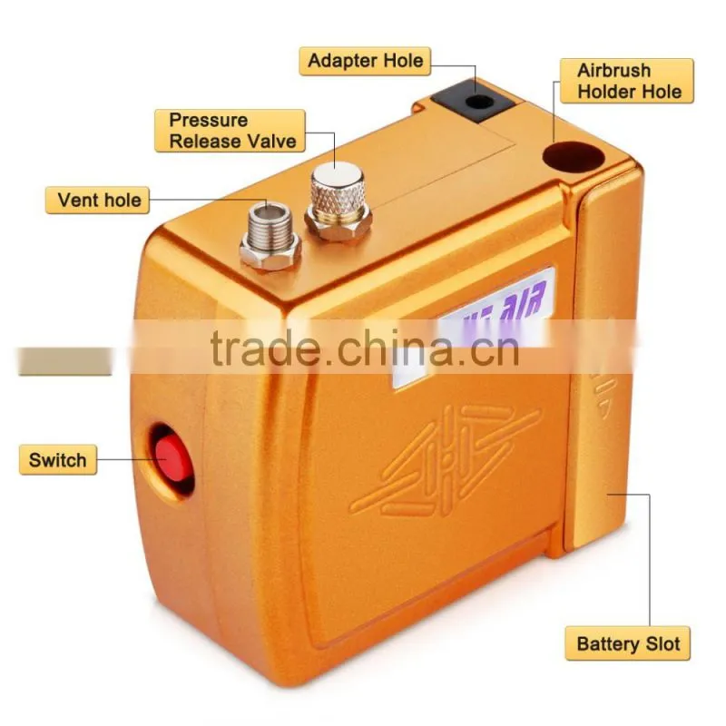 Yellow HS08 Mini Portable Airbrush Compressor Set with UK Adapter for Hobby Cosmetics Nail Tattoo Makeup Body Paint AS-33