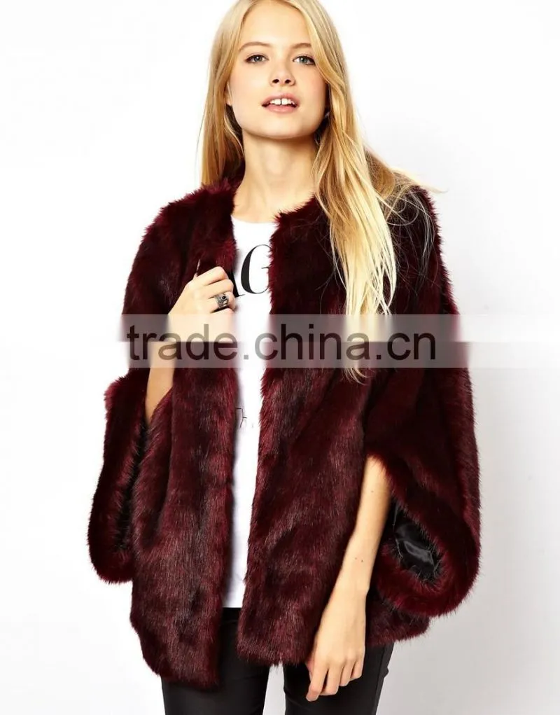 100% acrylic fur,coat of artificial fur, Batwing coat in faux fur jacket
