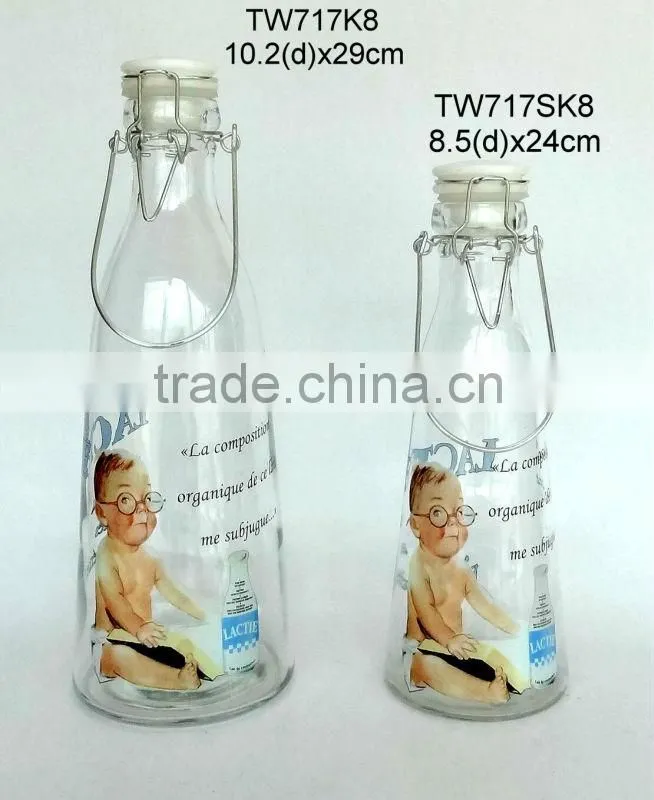 CCP763K5 glass milk bottle with printing with plastic screwed lid