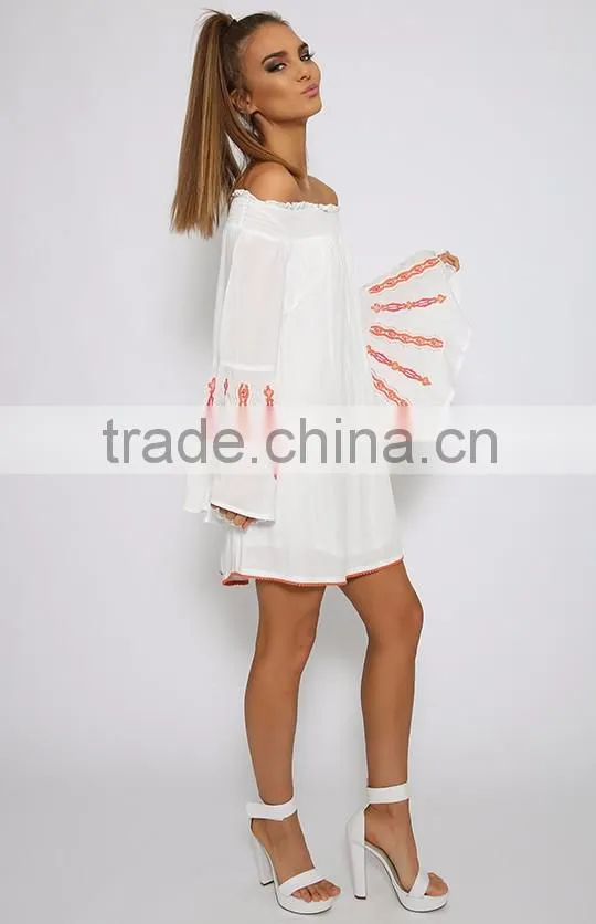 Hot-selling Off Shoulder Butterfly Sleeve Embroidered Stitch Tunic Dress