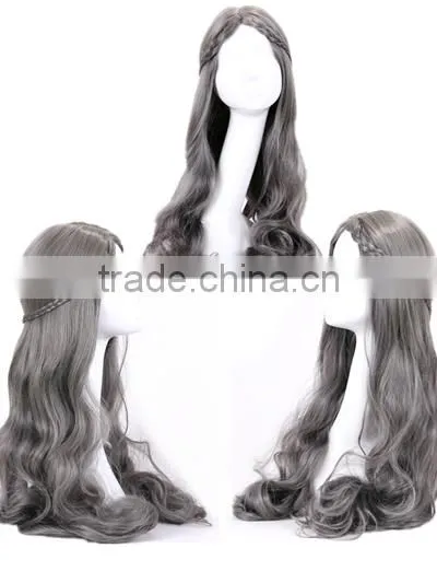 Costume long gray deep wave wigs with braid N360