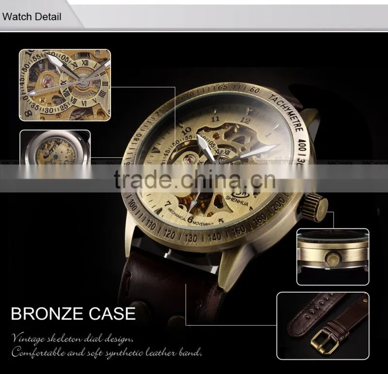 Mens Vintage Bronze Skeleton Analog Auto Sport Mechanical Watch