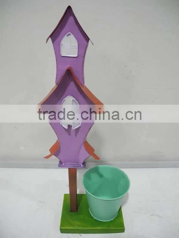 Home and Garden Decorative Planter Box with 2 Metal Pots in house Shape and Window Pane Design