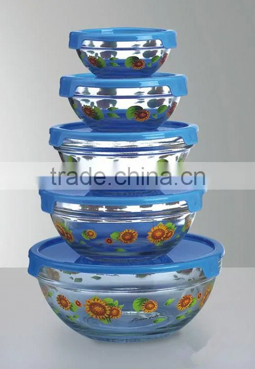 round patterned glass bowl set with decal logo design