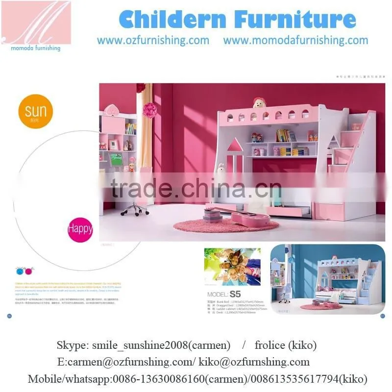 SJ802 white color fashion MDF bunk bed withStep ladder for kids