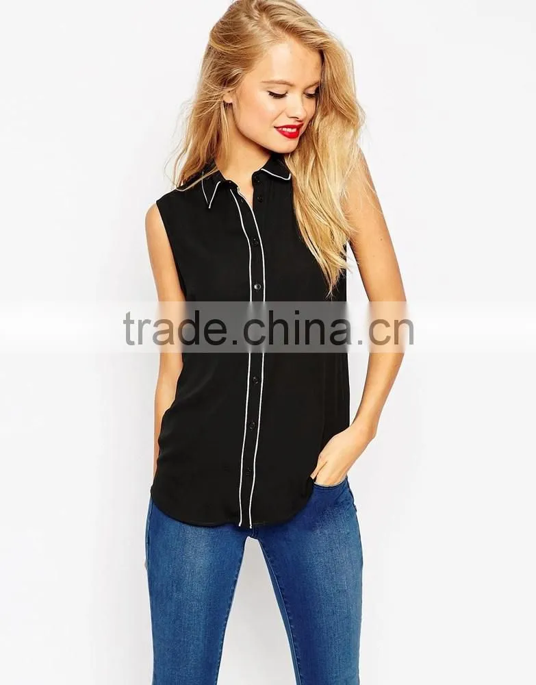 China factory OEM ODM 2015 new fashion customized Sleeveless Blouse With Contrast Piping