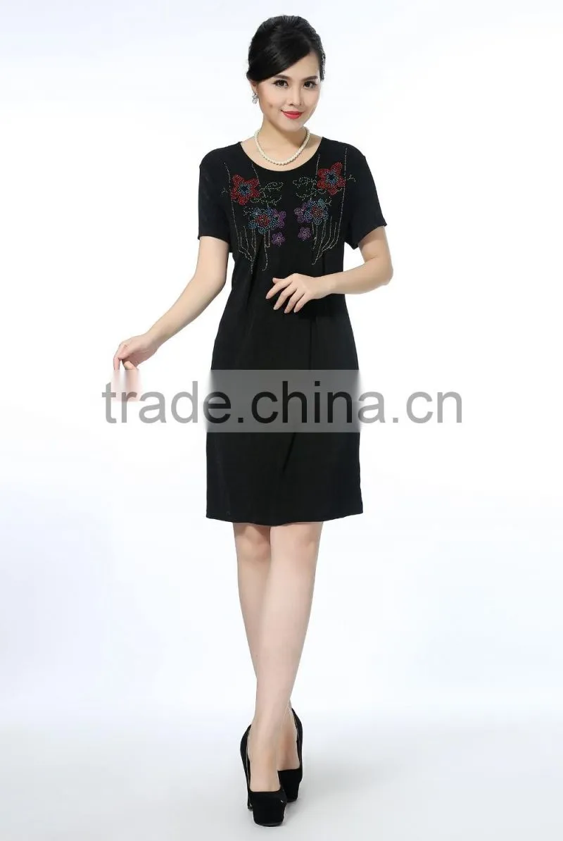 Comfortable short sleeve dresses with flower printed knitted plus size women dresses