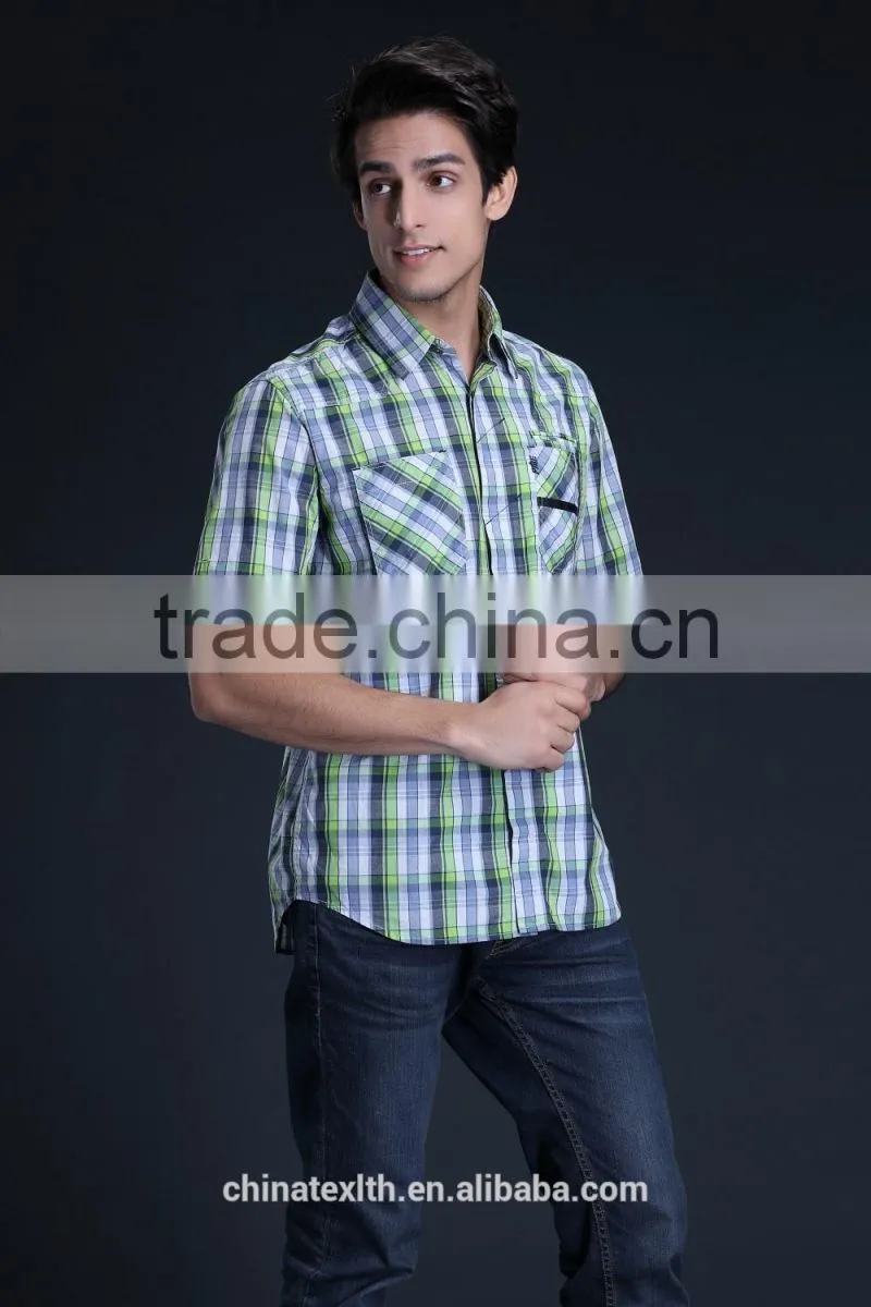 Fashion Short Sleeve Casual Design High Quality 100%Cotton Check Men Shirt