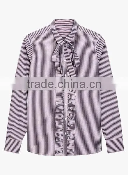 Wholesale 2017 Custom Ladies Fashion Frill Blouse Stripes Relaxed Ruffle Shirts