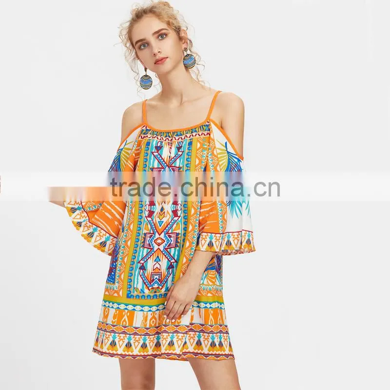 Print Kimono Sleeve Dress, women cold shoulder spaghetti strap dress