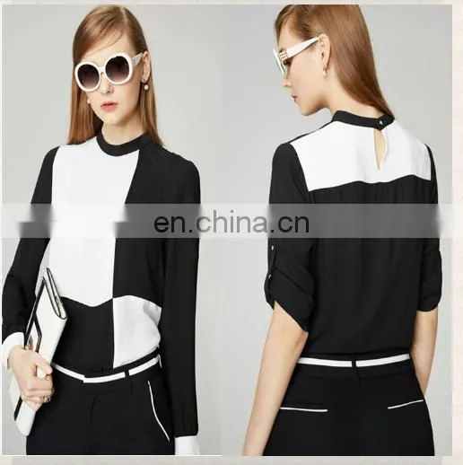 Latest fashion bliuse designs o- neck black white patchwork shirt