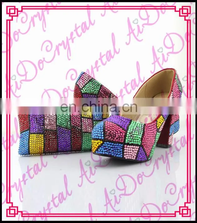 Aidocrystal colorful crystal tetragonum design wedding party wedges shoes and bag set
