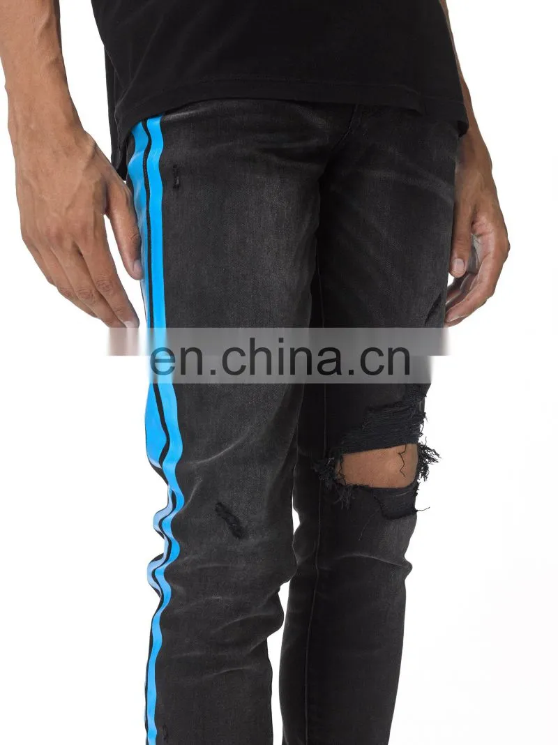 DiZNEW BROKEN TRACK BRANDED STRETCH BLACK JEANS MEN WITH BLUE SIDE