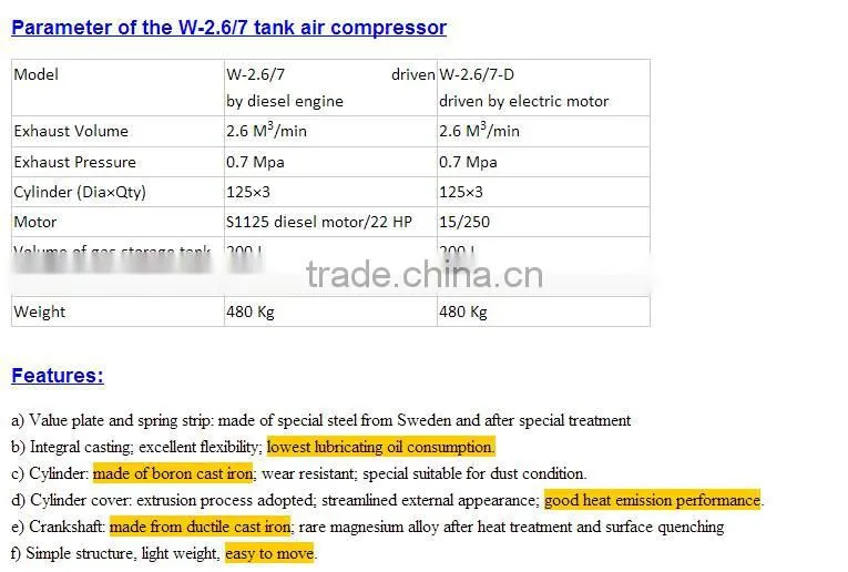 Mining piston air compressor W-2.6/7/mini air compressor for sale/mining diesel engine portable piston Air Compressor W2.6-7