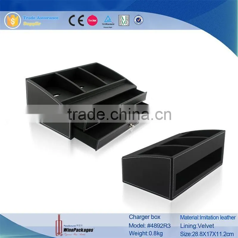 high quality multi- function pu leather handmade charger box