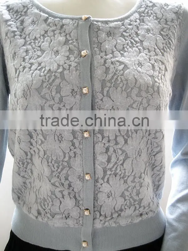 Pure color sweater coat lady flocking stitching knitted sweet cardigan