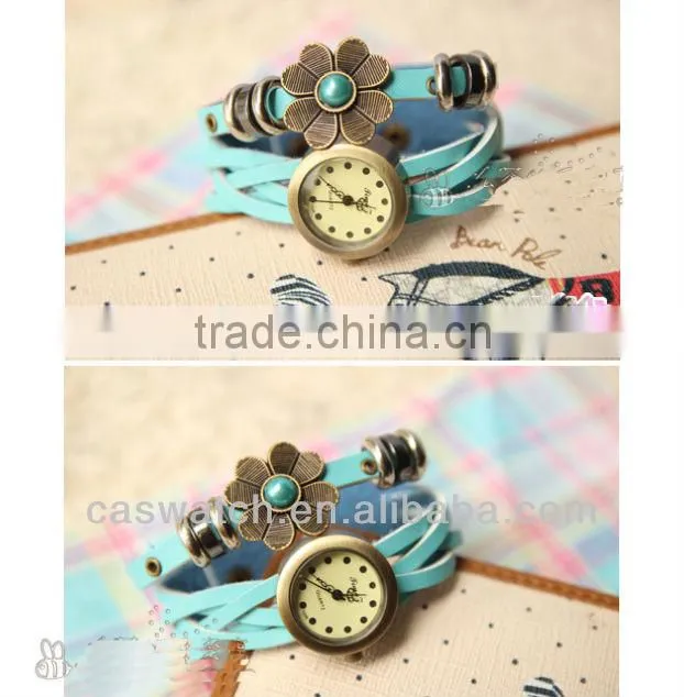Fashion vintage long strap flower leather women watch