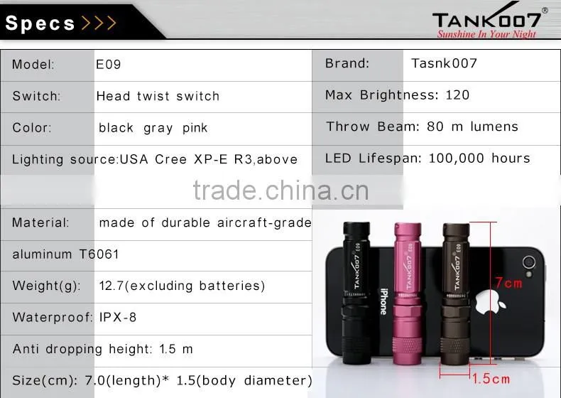 Waterproof mini led flashlight TANK007 E09 hand led torch