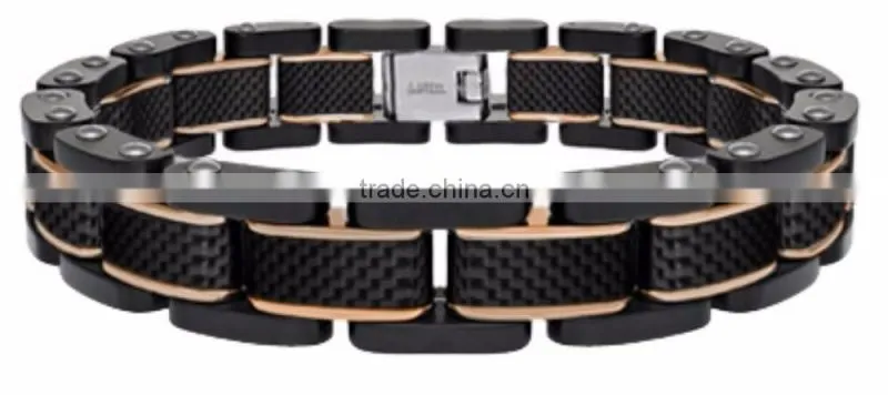 Fashion Men's stainless steel & carbon fiber Polished Bracelet Wholesale